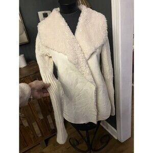 Westbound Cream Color Faux Suede Sherpa Fur Collar Cardigan Sweater Sz L Women’s
